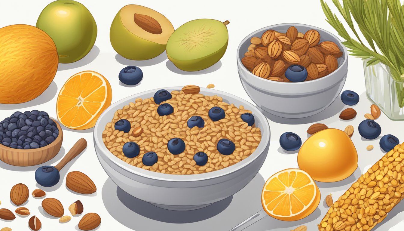 A bowl of wheat berries surrounded by various fruits, nuts, and seeds, with a measuring cup and spoon next to it