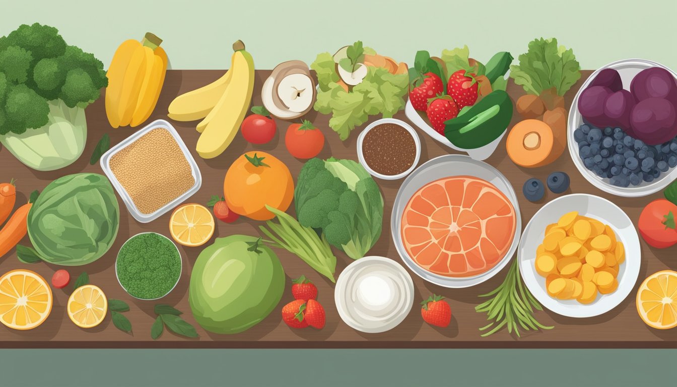 A kitchen counter with a variety of fresh fruits, vegetables, lean meats, and whole grains laid out for meal prepping