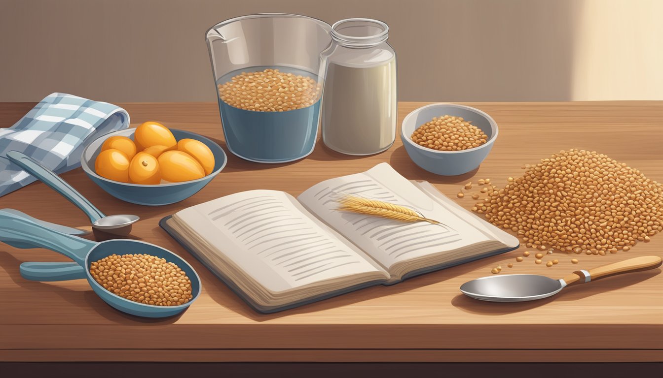 A wooden cutting board with a pile of wheat berries, a measuring cup, a bowl, and a spoon arranged neatly next to a cookbook open to a breakfast recipe