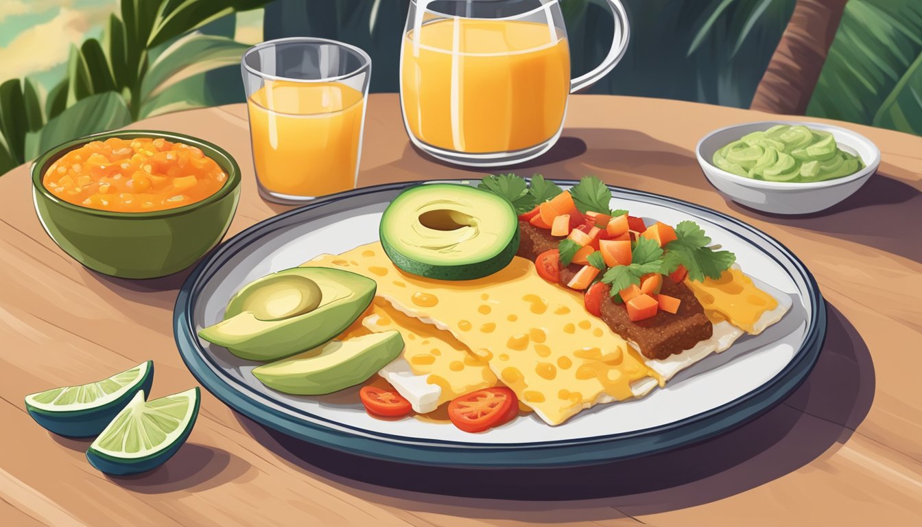 A plate of enfrijoladas topped with cheese, avocado, and salsa, accompanied by a side of fresh fruit and a glass of orange juice