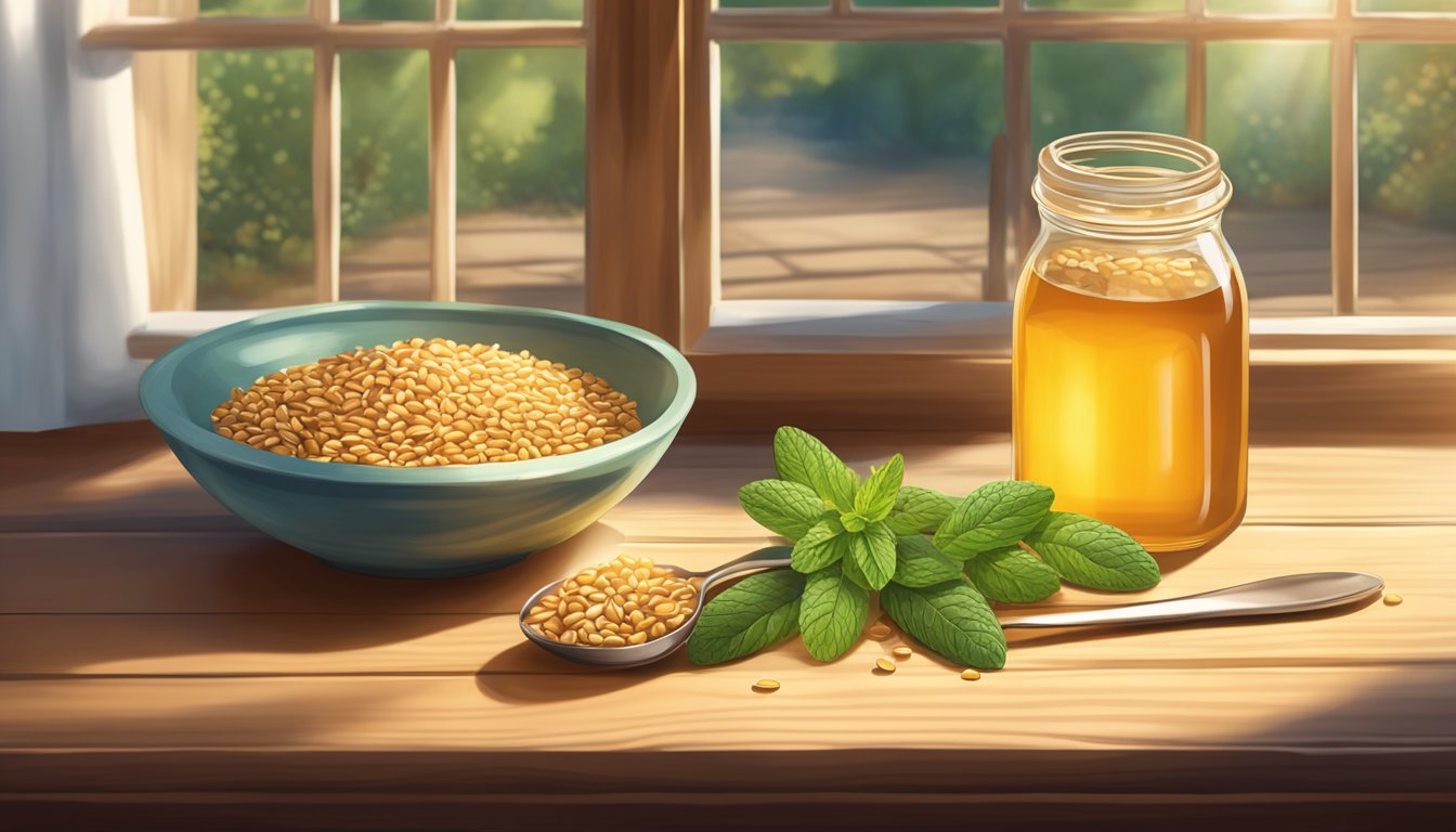 A rustic wooden table set with a bowl of plump wheat berries, a jar of honey, a sprig of fresh mint, and a vintage spoon. Sunlight streams in through a nearby window, casting a warm glow over the scene