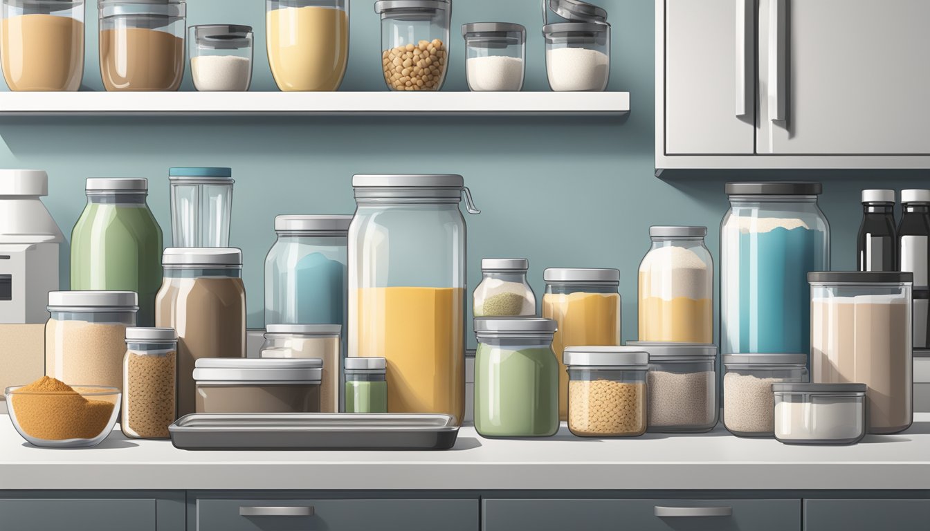 A kitchen counter with containers of protein powder, prepped meals, and vitamin supplements arranged neatly