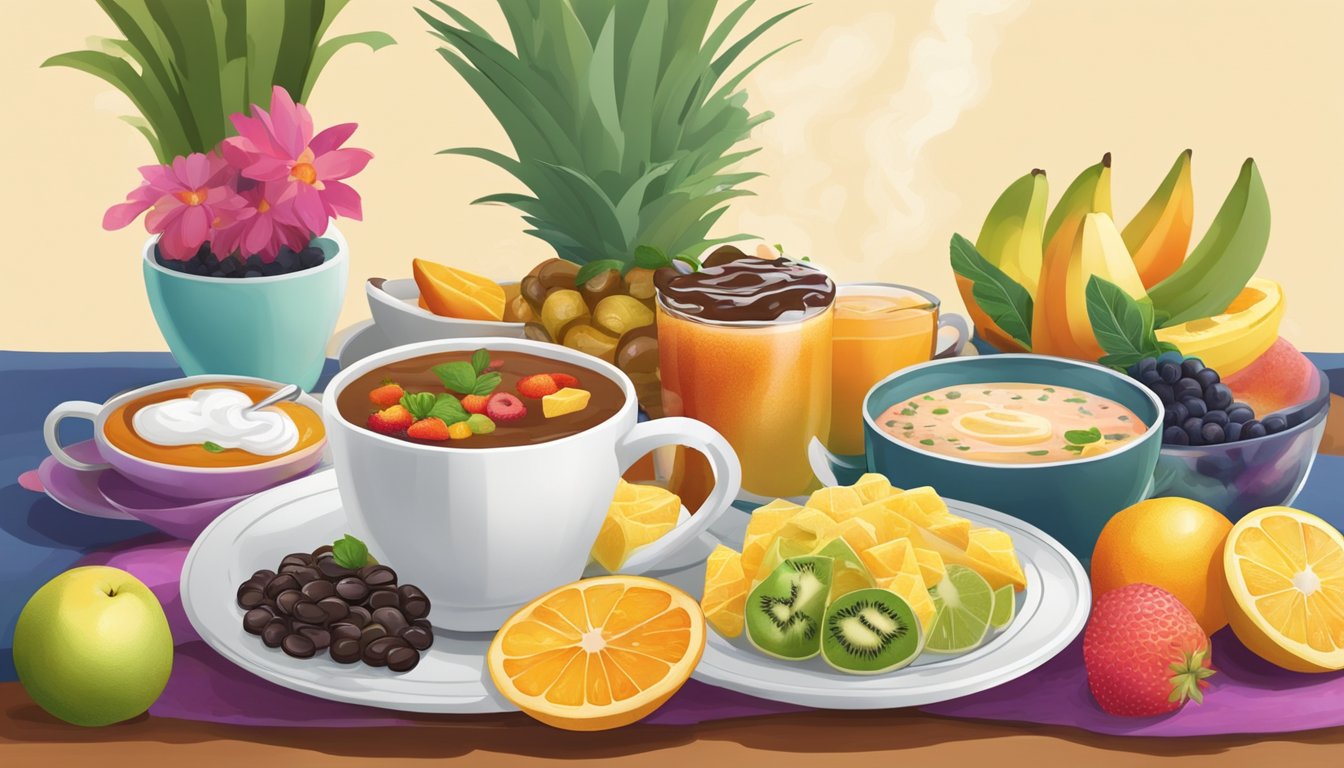 A table set with a colorful array of enfrijoladas, accompanied by fresh fruit, and a steaming cup of coffee