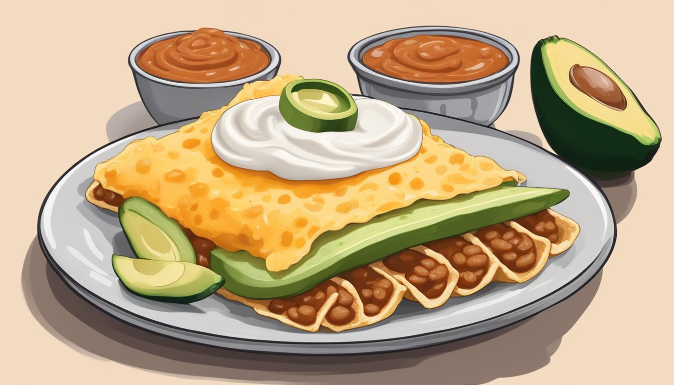 A plate of enfrijoladas topped with cheese, cream, and salsa, surrounded by fresh avocado slices and a side of refried beans