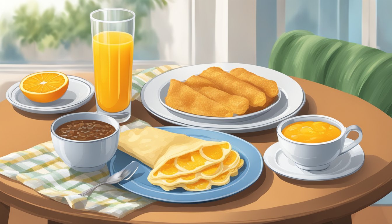 A breakfast table with a plate of enfrijoladas and a glass of orange juice