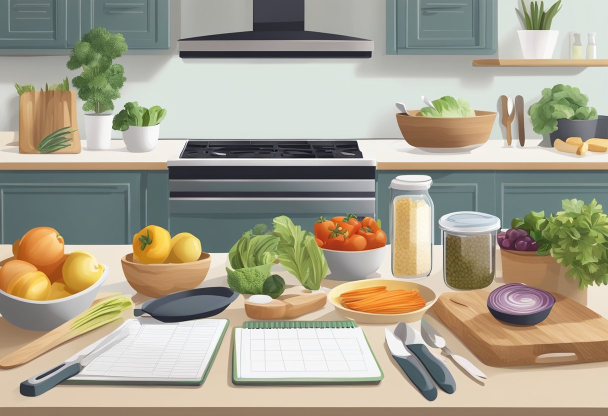 A kitchen counter with organized containers of food, cutting boards, and cooking utensils. A meal prep planner and grocery list sit nearby