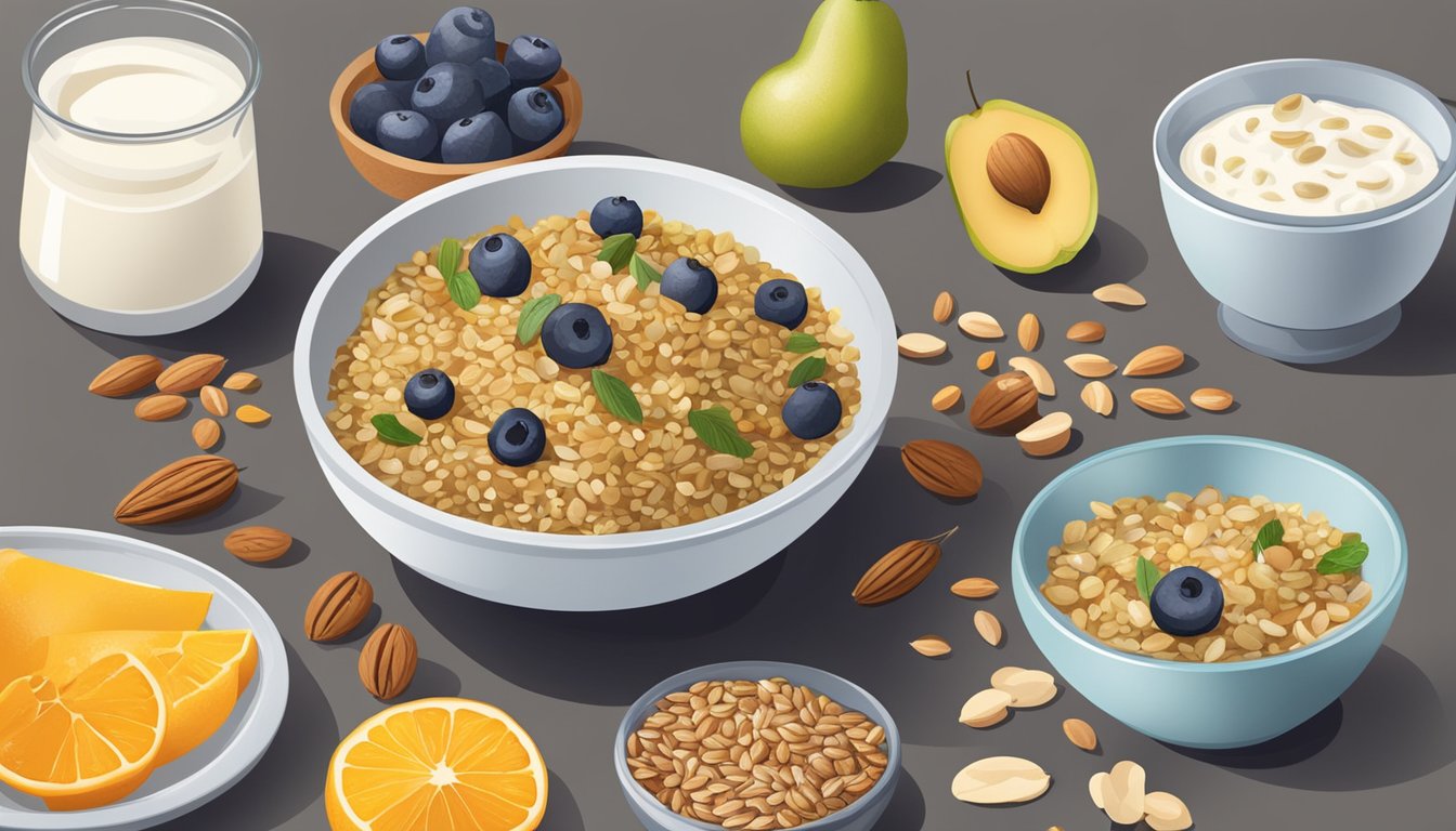 A kitchen counter with a bowl of cooked freekeh, surrounded by various healthy breakfast ingredients like fruits, nuts, seeds, and yogurt