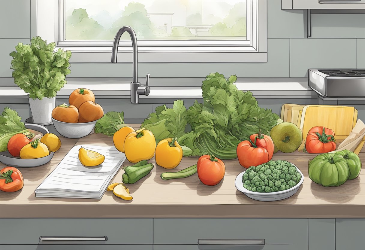 A kitchen counter with fresh produce, meal prep containers, and a grocery list
