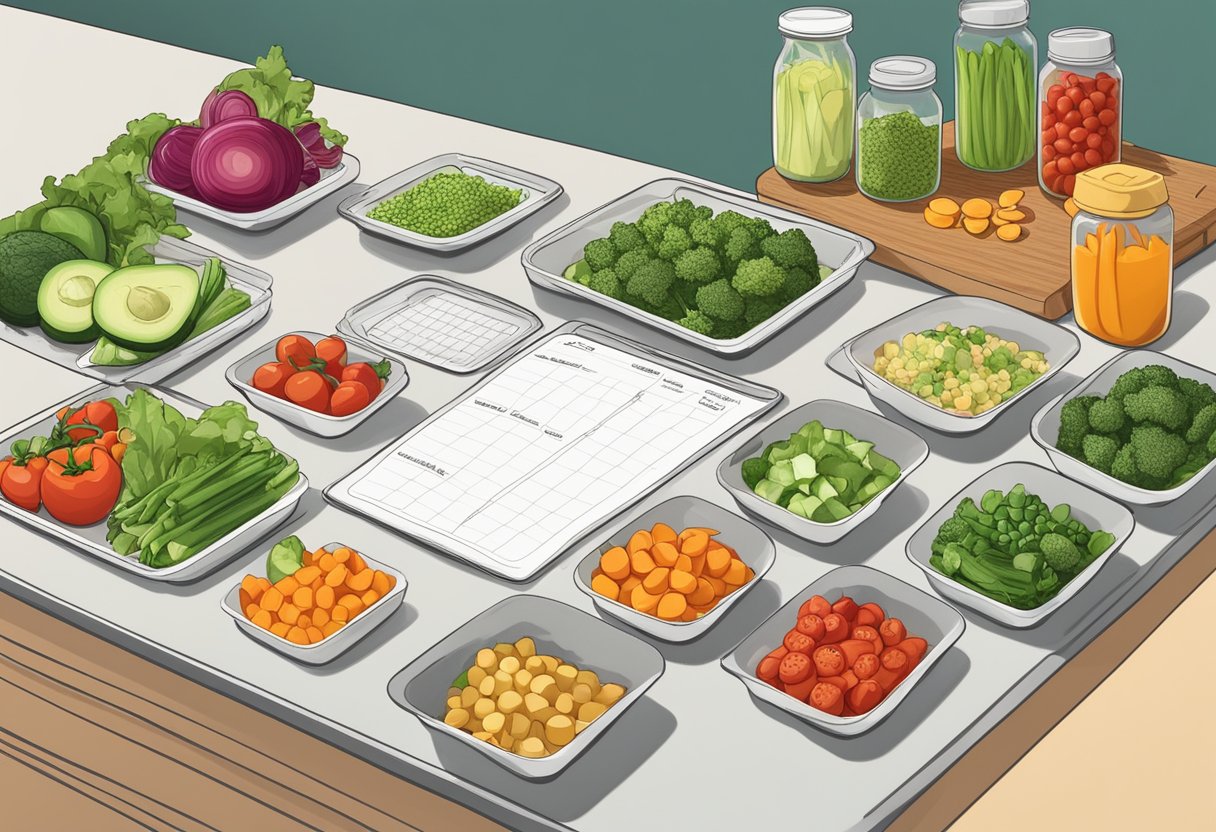 Fresh vegetables being chopped on a cutting board, containers filled with portioned meals, and a weekly meal plan written on a whiteboard