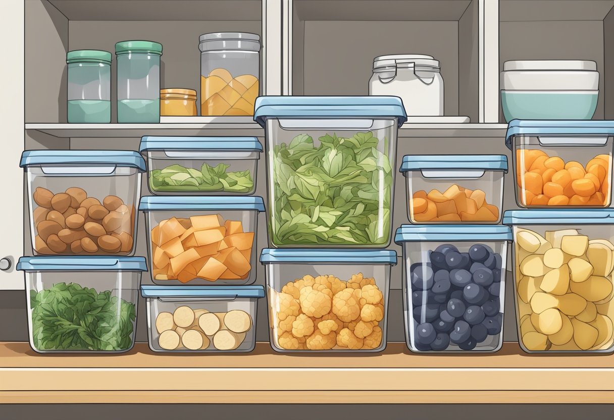 A clean, organized kitchen counter with neatly arranged containers of prepped food, labeled and ready for storage