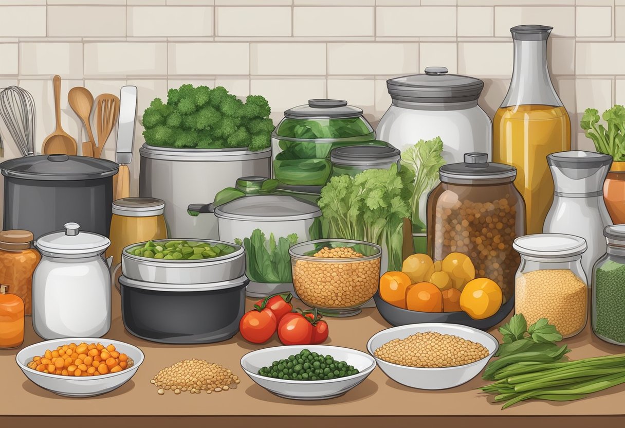 Various kitchen utensils and containers arranged on a countertop, filled with prepped ingredients such as chopped vegetables, cooked grains, and marinated proteins