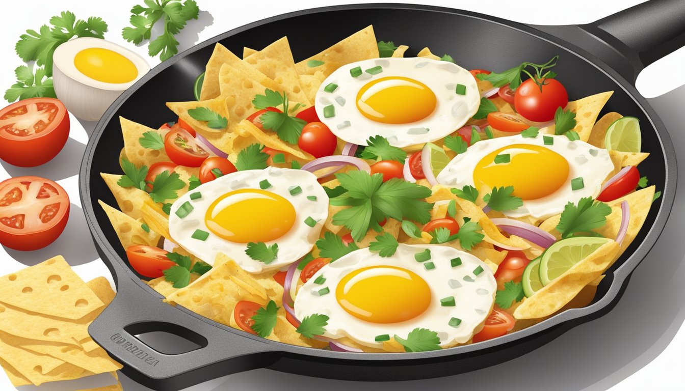 A colorful array of eggs, tomatoes, onions, and tortilla strips sizzling in a skillet, with a sprinkling of cheese and cilantro on top