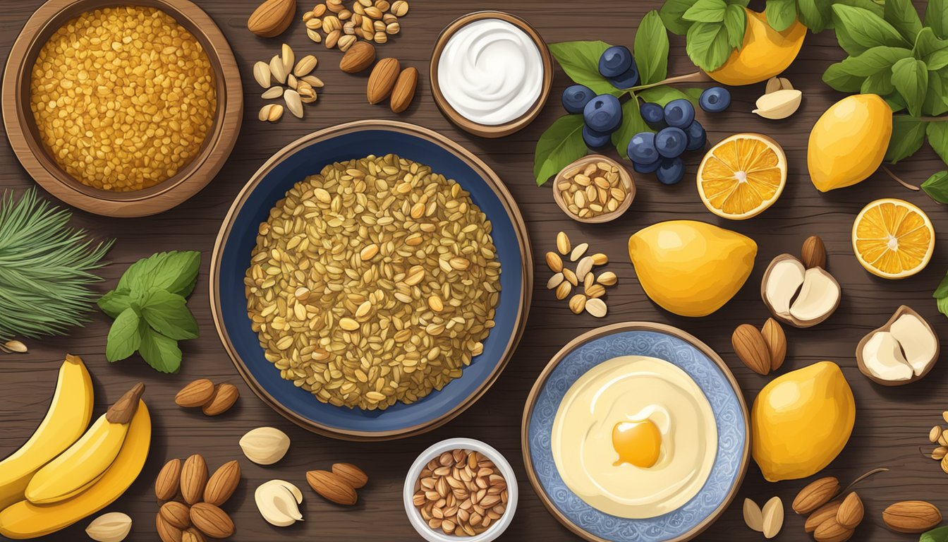 A rustic kitchen table set with a bowl of cooked freekeh, surrounded by fresh fruits, nuts, honey, and yogurt