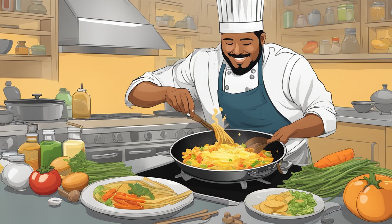 A chef mixing eggs, tortilla strips, vegetables, and spices in a sizzling skillet