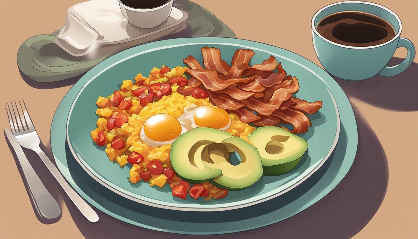 A colorful plate of migas topped with fresh salsa and avocado, accompanied by a side of crispy bacon and a steaming cup of coffee