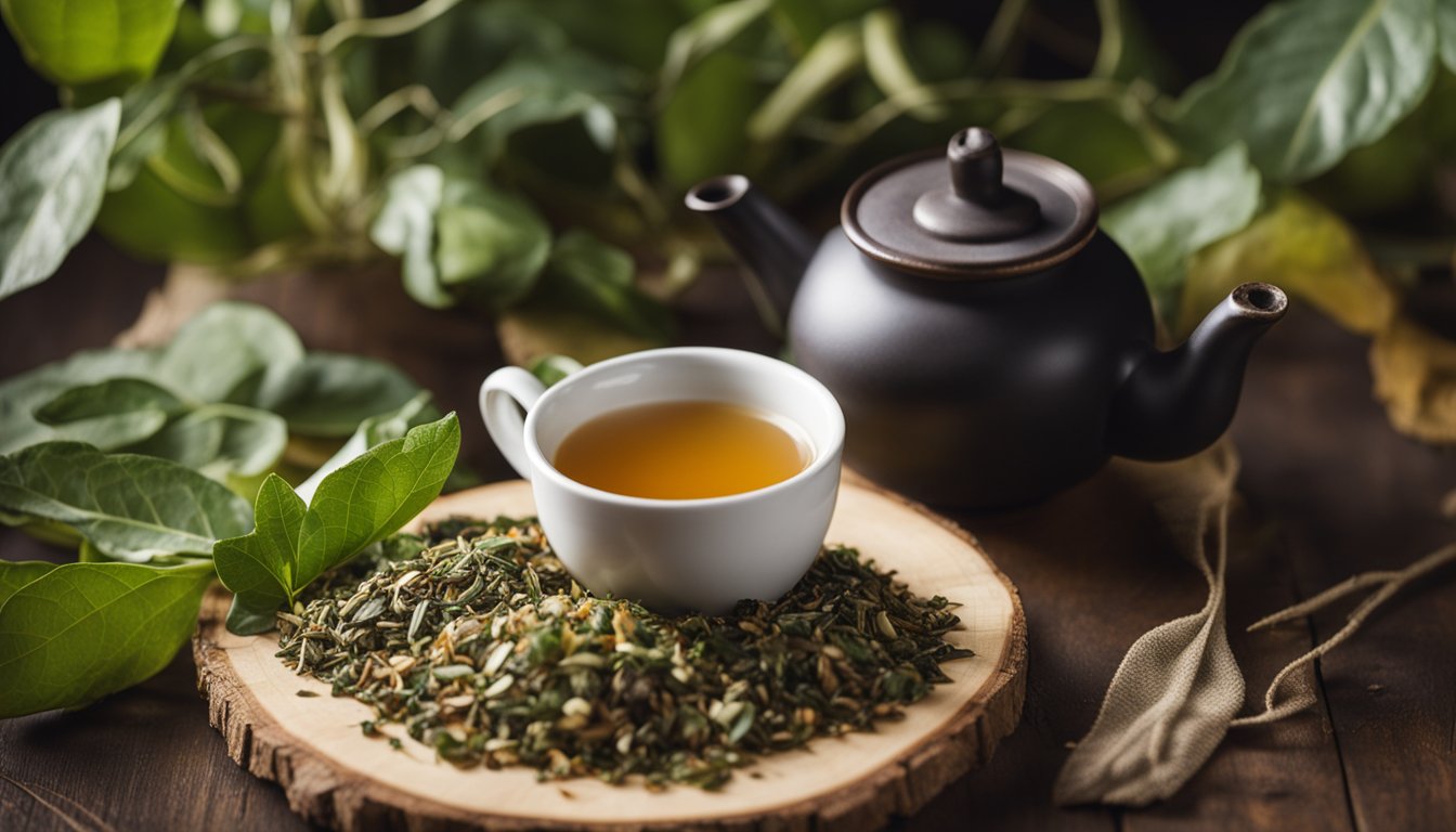 Yerba mate leaves, gourd, and bombilla on rustic table, with steaming tea