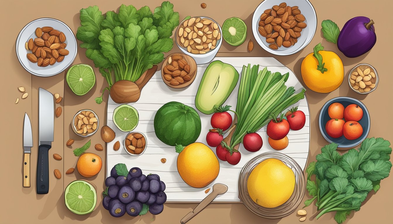 A kitchen counter with fresh fruits, vegetables, and nuts laid out for meal prepping. A cutting board with a sharp knife and a variety of colorful ingredients