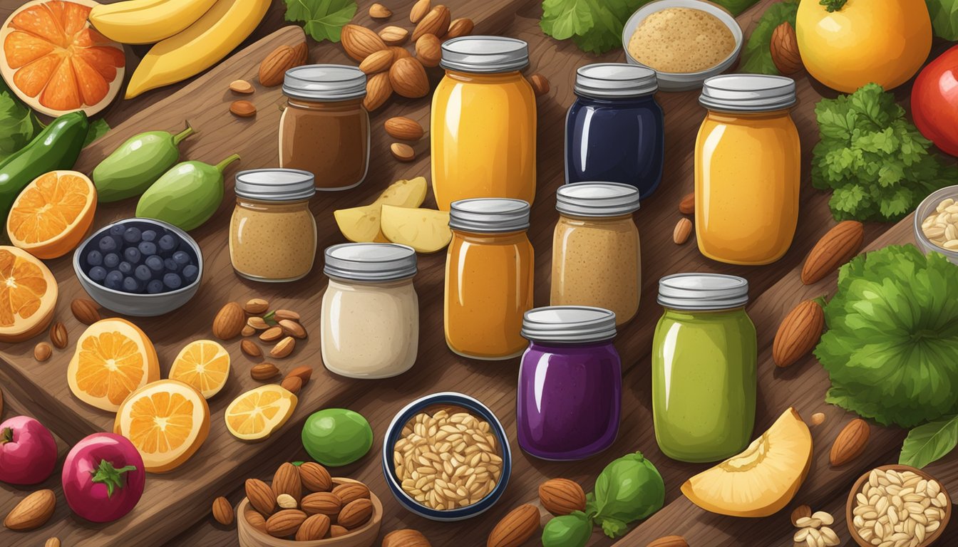 A variety of fresh fruits, vegetables, nuts, and seeds spread out on a wooden cutting board, surrounded by jars of homemade nut butters and cold-pressed oils