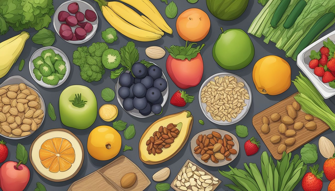 A kitchen counter with an array of fresh, colorful fruits, vegetables, and nuts laid out for meal prepping on a raw paleo diet