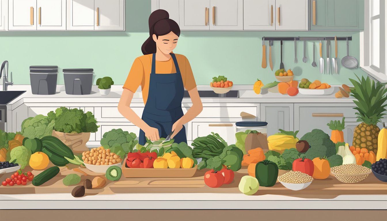 A person organizing a variety of fresh fruits, vegetables, nuts, and seeds on a clean kitchen counter, with cutting boards, knives, and storage containers nearby