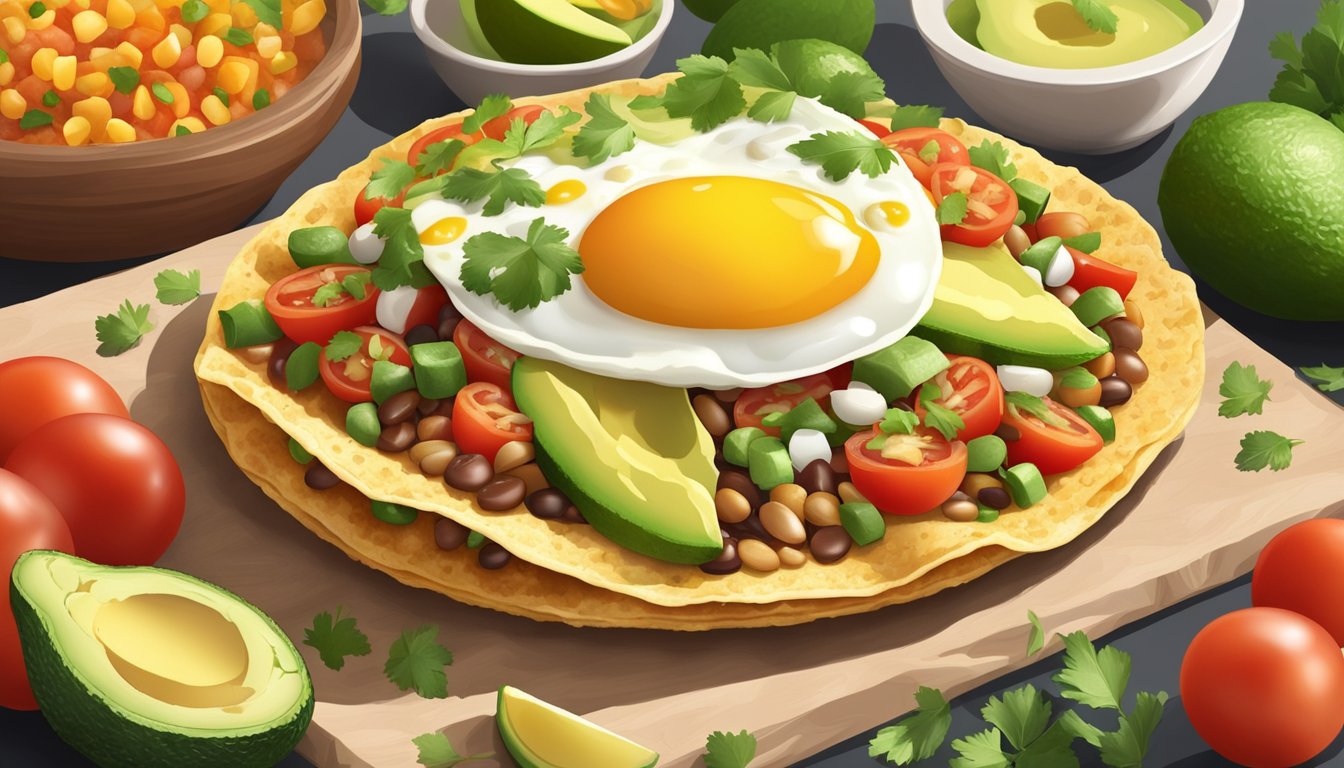 A golden, crispy tostada shell topped with beans, eggs, avocado, and salsa, surrounded by fresh ingredients like tomatoes, cilantro, and lime