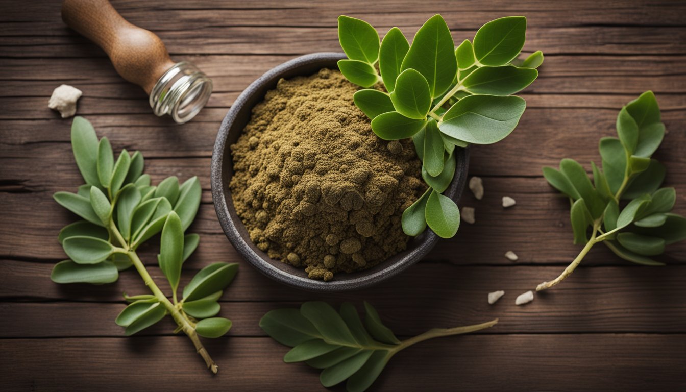 Rhodiola roots and leaves on rustic table, with bowl of powder