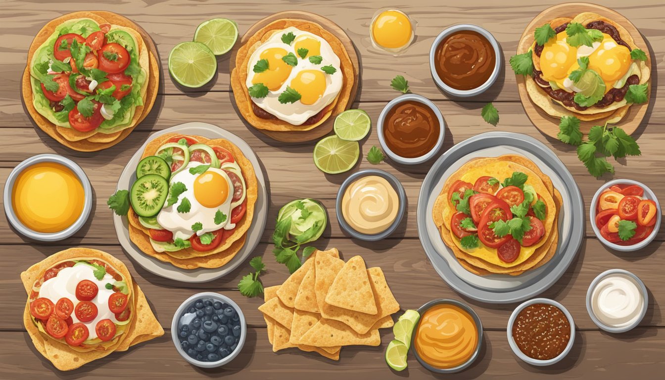 A colorful array of breakfast tostadas with various toppings and sauces displayed on a rustic wooden table