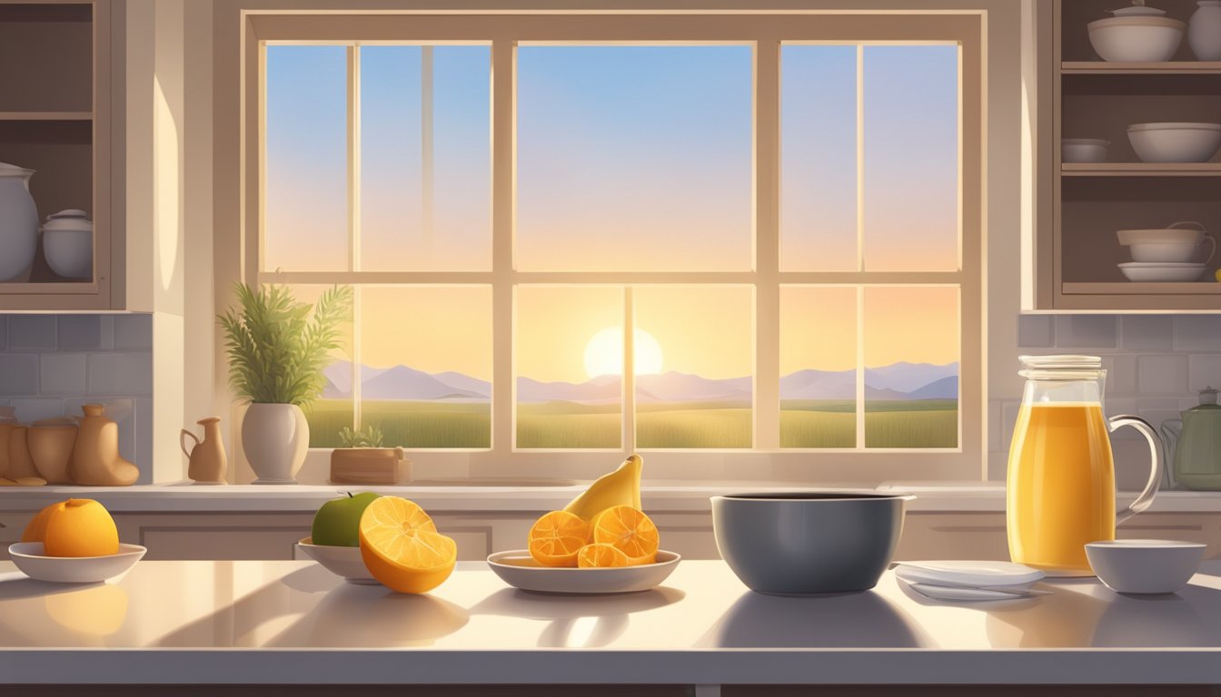 A serene kitchen with a bowl of kamut grains, a jug of milk, a jar of honey, and fresh fruits on the counter. Sunrise streams through the window