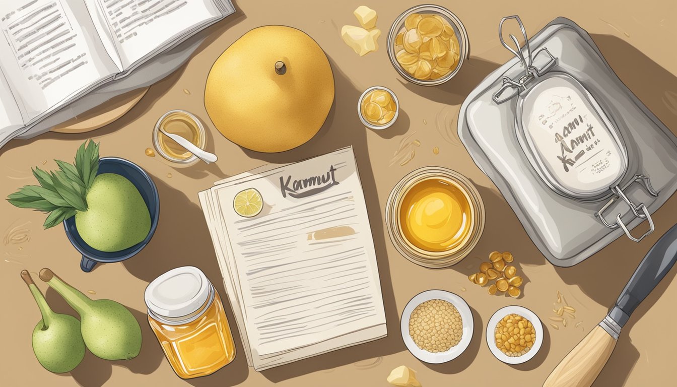 A kitchen counter with a bag of kamut, a bowl of fresh fruit, and a jar of honey, surrounded by cooking utensils and a recipe book