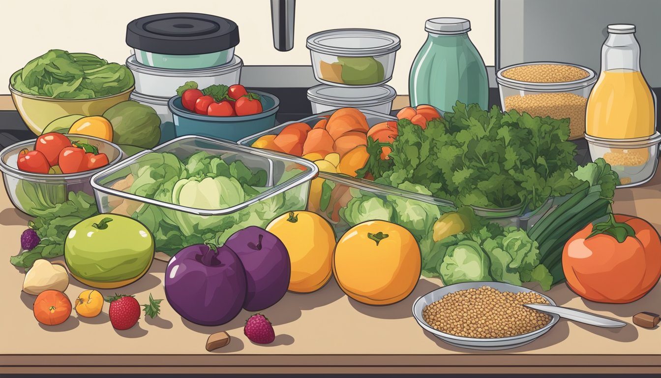 A kitchen counter with various containers of prepped fruits, vegetables, and grains. A cutting board, knife, and meal prep containers are scattered around