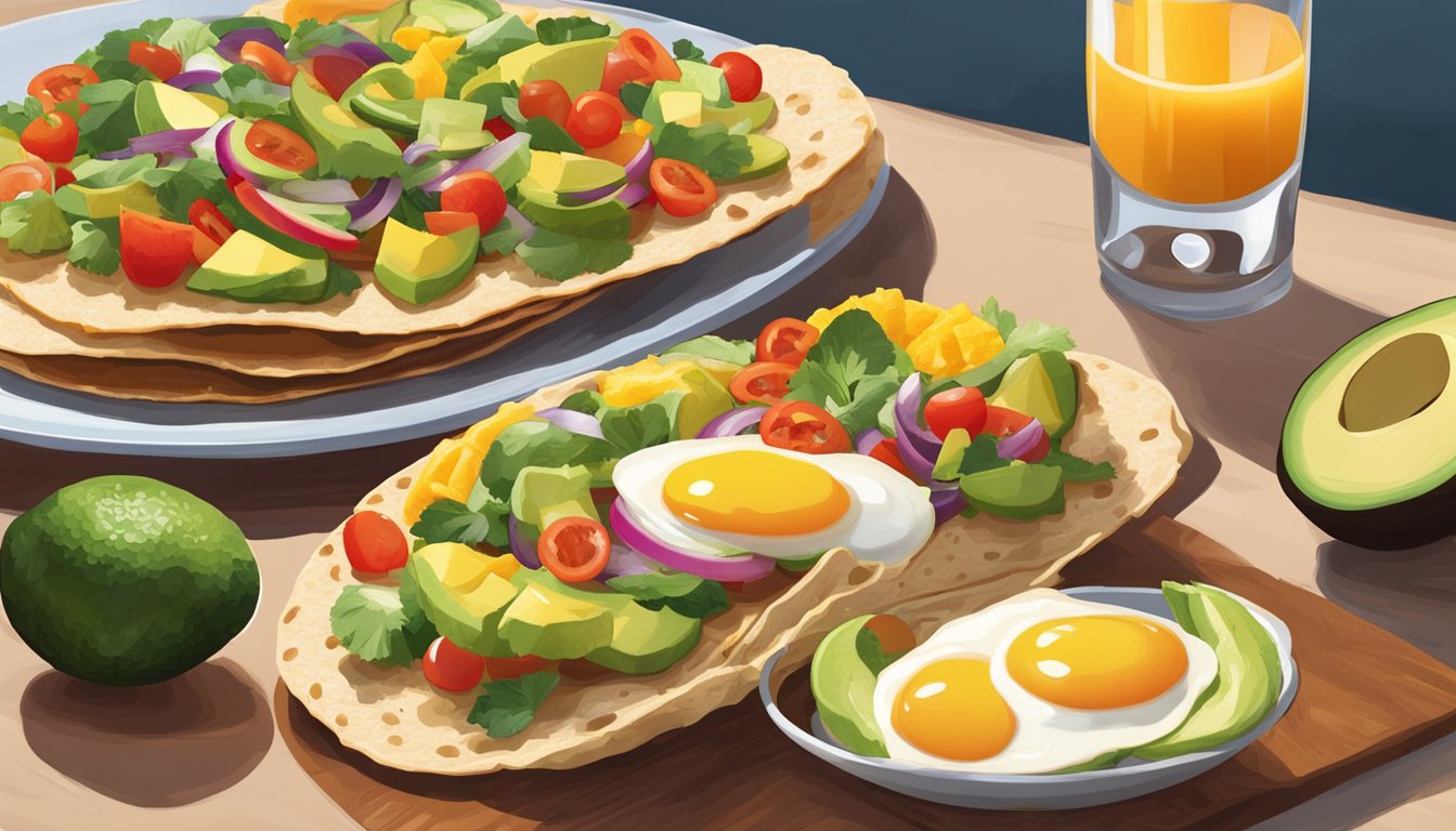 A colorful spread of tostadas topped with fresh vegetables, eggs, and avocado, accompanied by a side of fruit and a glass of orange juice