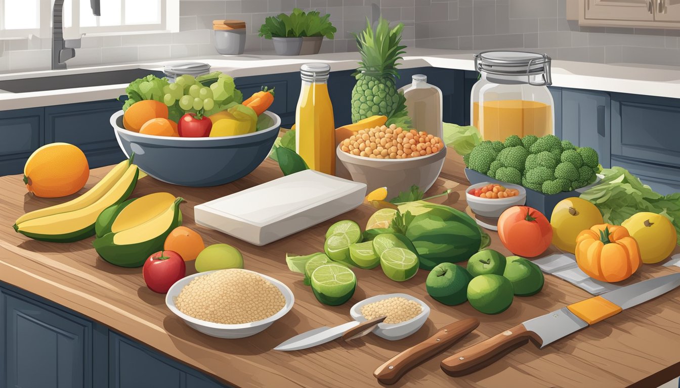 A kitchen counter with a variety of fresh fruits, vegetables, and whole grains, alongside a cutting board, knife, and meal prep containers