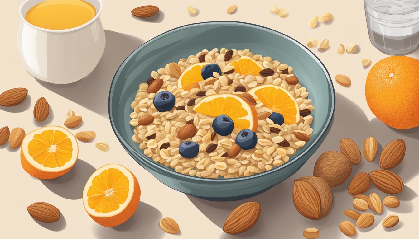 A bowl of kamut cereal with various fruits, nuts, and seeds arranged around it, next to a glass of fresh orange juice