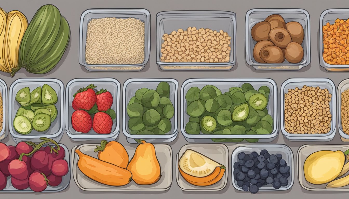 A kitchen counter with assorted fruits, vegetables, and grains being washed, chopped, and portioned into containers for a low residue diet meal prep