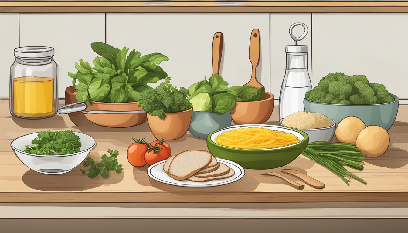 A kitchen counter with ingredients and utensils for making molletes