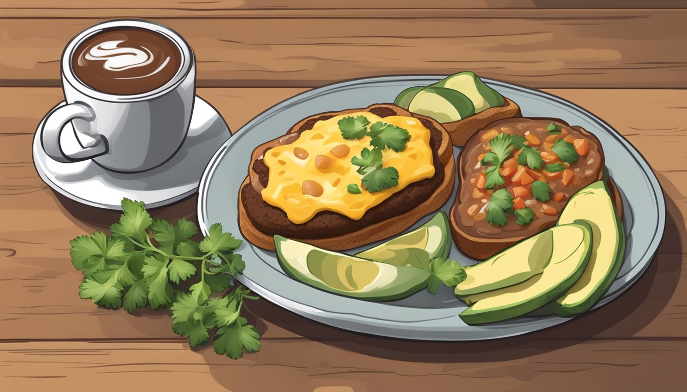 A plate of molletes with refried beans, melted cheese, and salsa, topped with sliced avocado and fresh cilantro, served with a side of roasted potatoes and a cup of hot coffee