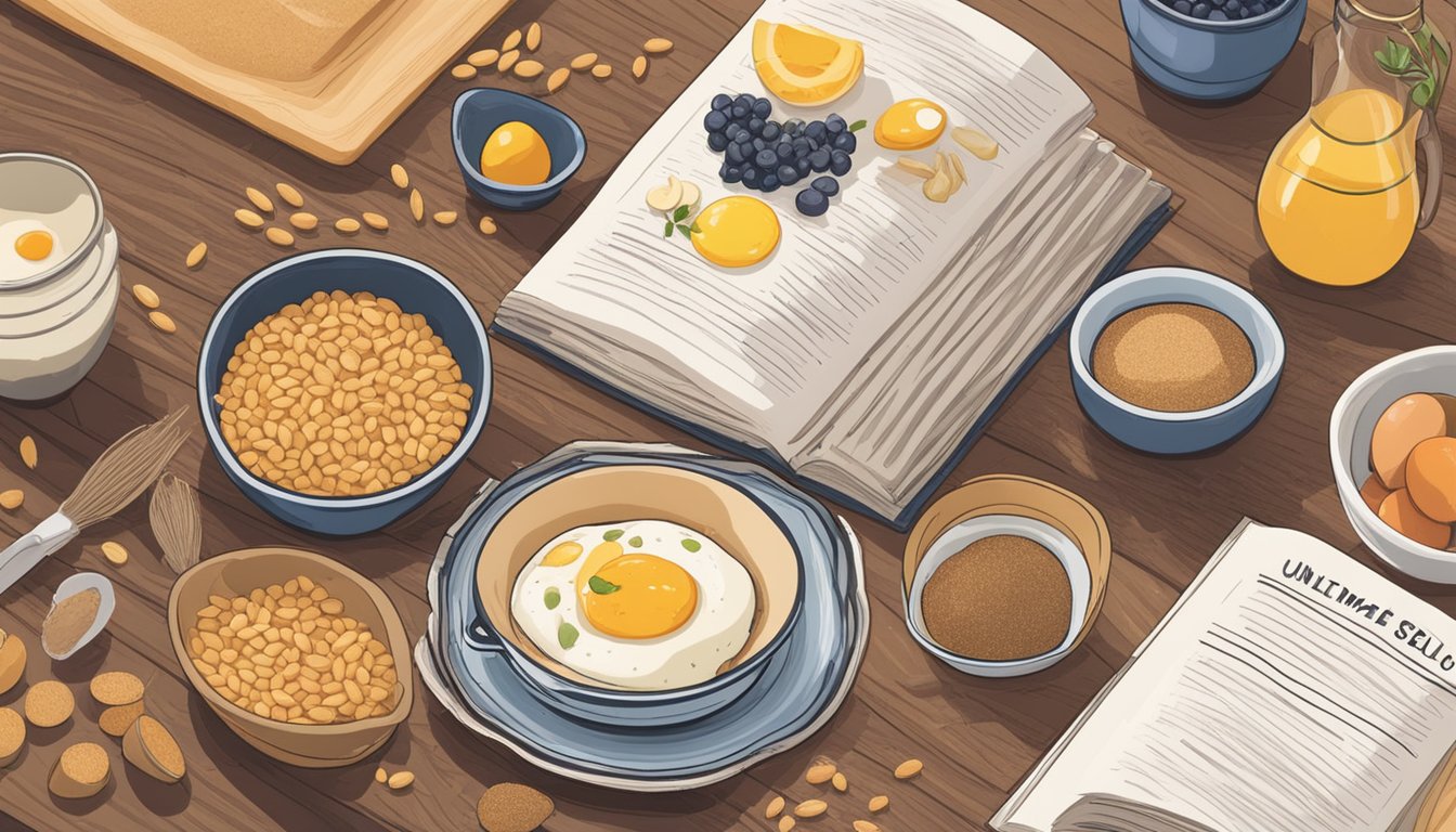 A rustic kitchen with a wooden table covered in bowls of spelt flour, eggs, and fresh fruit, alongside a cookbook open to a page titled "Understanding Spelt: the ultimate guide to making breakfast spelt."