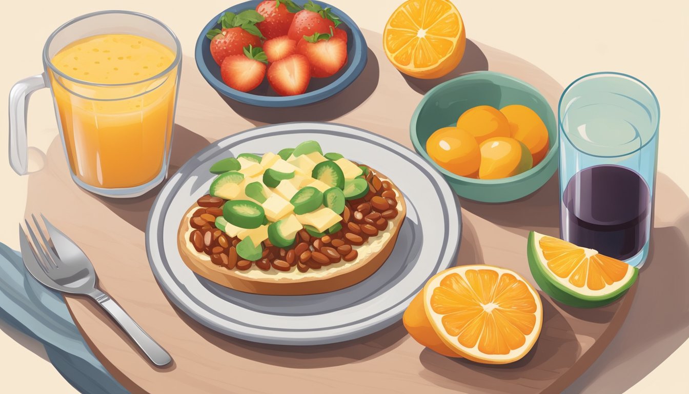 A plate of molletes topped with beans, cheese, and salsa, accompanied by a side of fresh fruit and a glass of orange juice