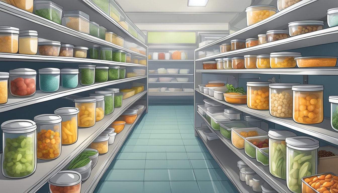 Freshly cooked meals being portioned into containers and sealed with a food saver. Pantry shelves lined with neatly organized, labeled containers