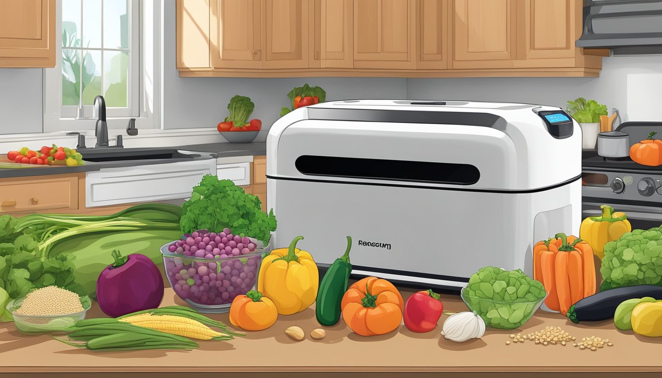 A colorful array of fresh vegetables, fruits, and grains arranged on a kitchen counter next to a food saver vacuum sealer