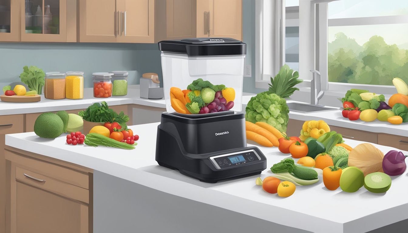 A kitchen counter with neatly organized containers of fresh fruits, vegetables, and lean proteins, alongside a food saver vacuum sealer