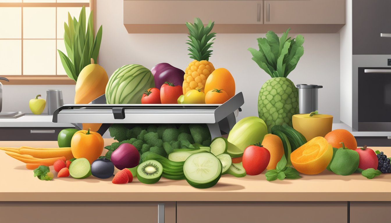 A mandoline slicer slicing a variety of colorful fruits and vegetables on a clean, organized kitchen counter