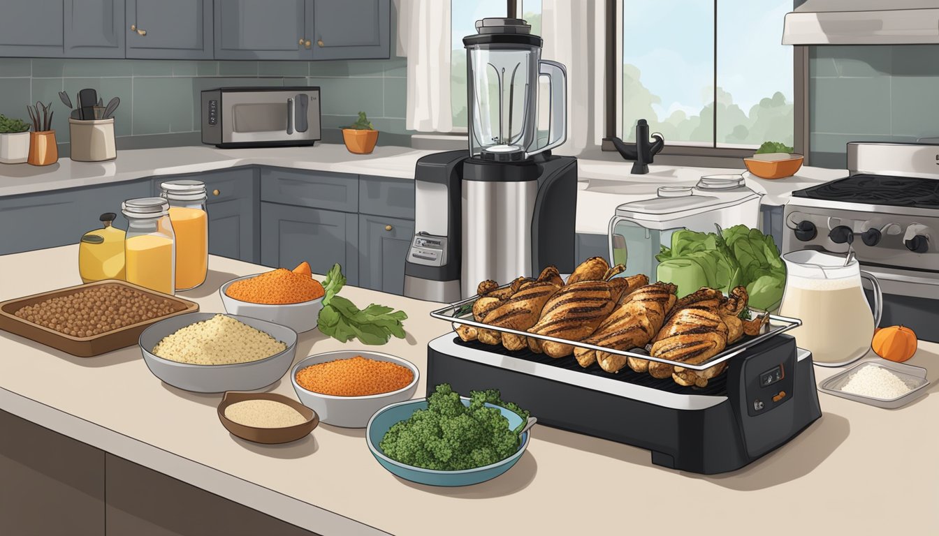 A kitchen counter filled with containers of grilled chicken, roasted vegetables, and quinoa. A blender sits nearby with ingredients for protein shakes