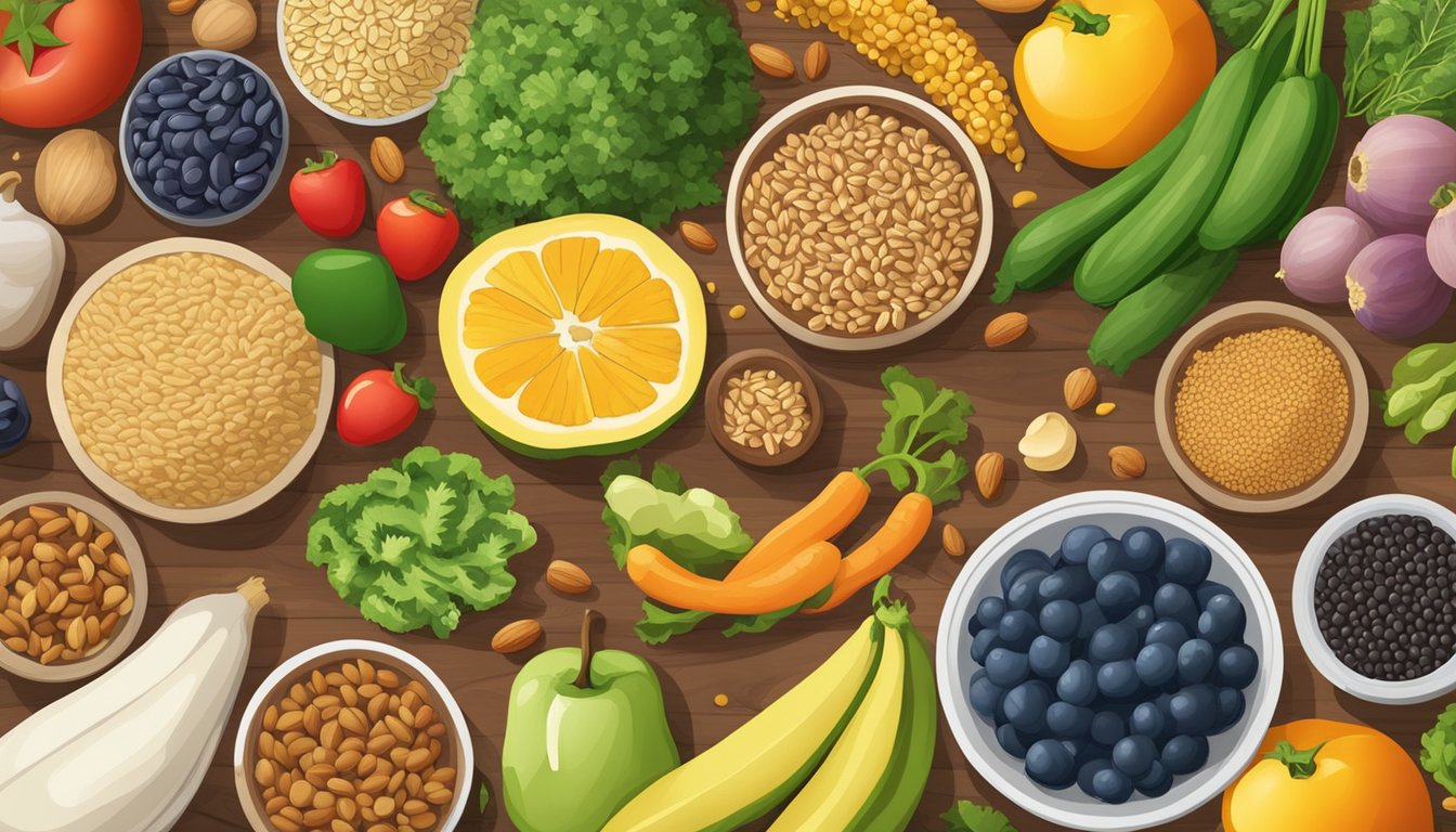 A colorful array of fruits, vegetables, nuts, and seeds spread out on a wooden cutting board, with various containers of grains and legumes nearby for meal prepping