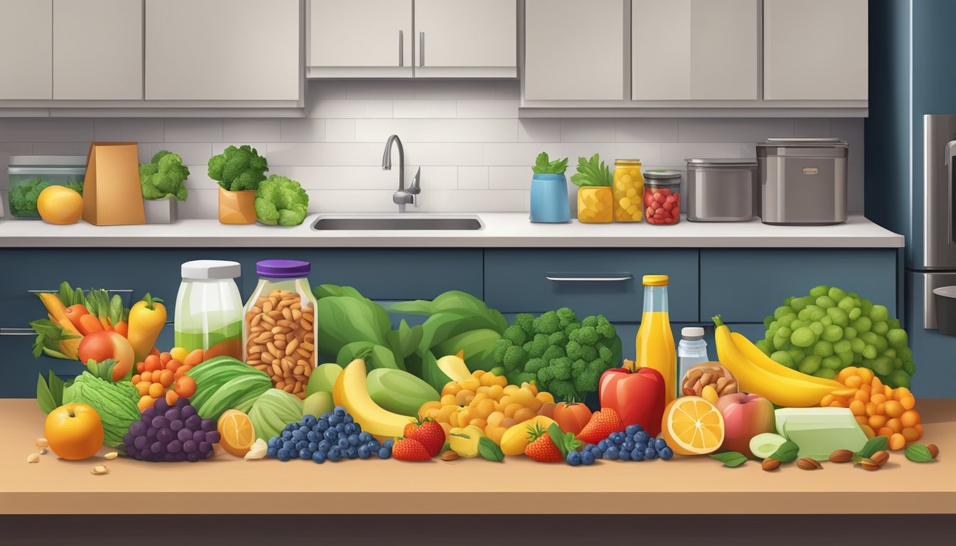 A kitchen counter with a colorful array of fresh fruits, vegetables, nuts, seeds, and lean proteins, alongside a trash can filled with processed and packaged foods