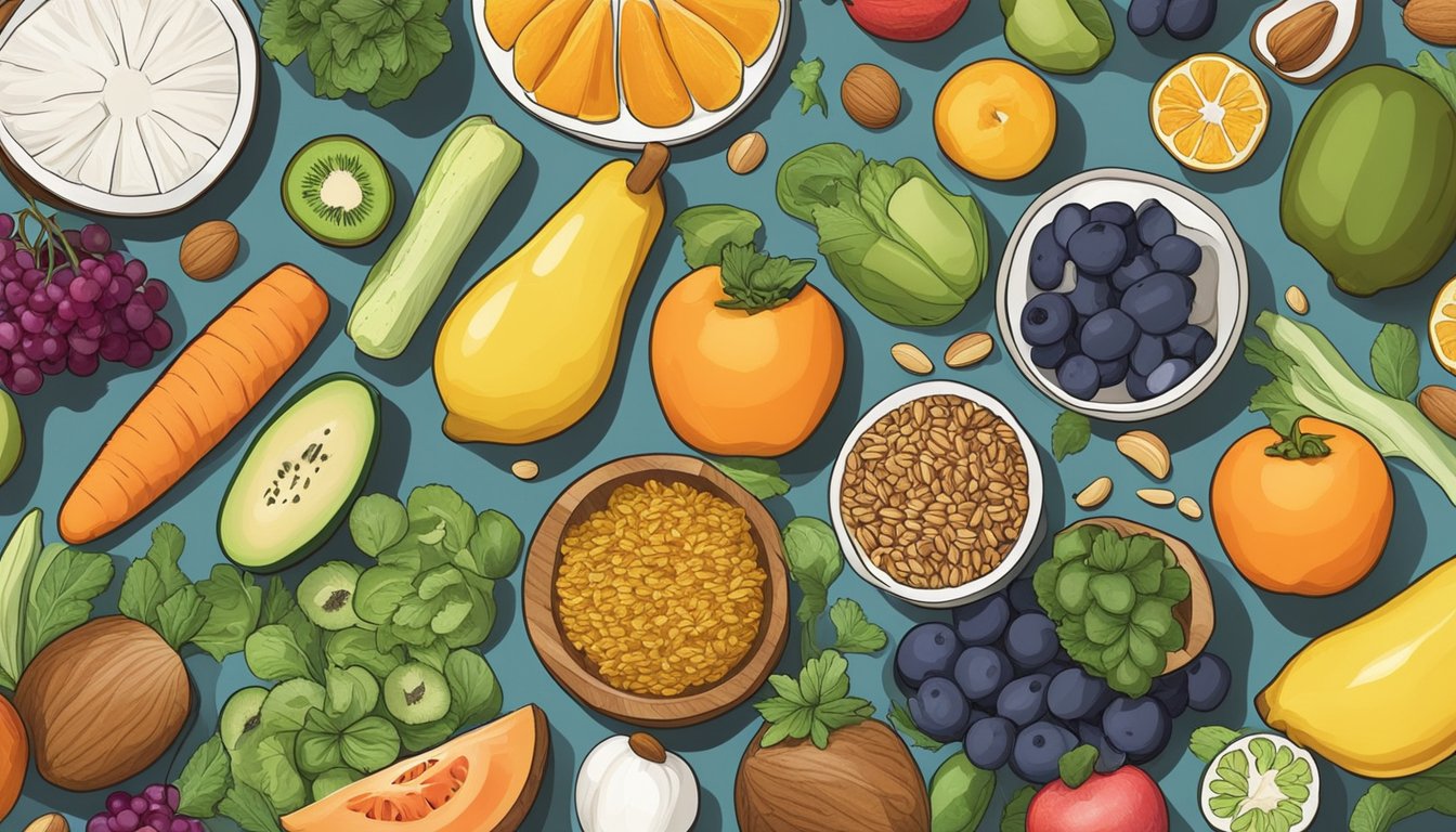 A kitchen counter with a variety of colorful fruits, vegetables, nuts, and seeds laid out for meal prepping