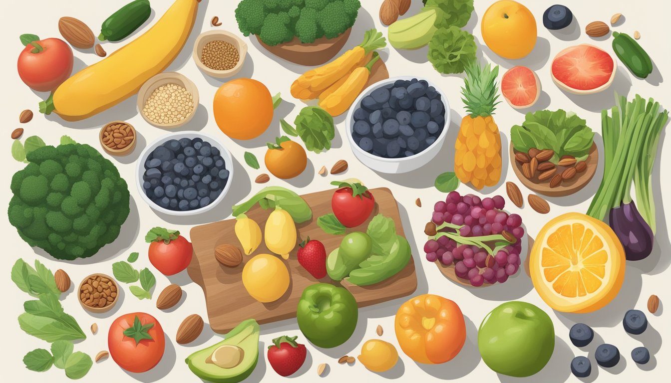 A kitchen counter with an array of fresh fruits, vegetables, nuts, and seeds laid out for meal prepping. A cookbook open to a pegan diet recipe sits nearby