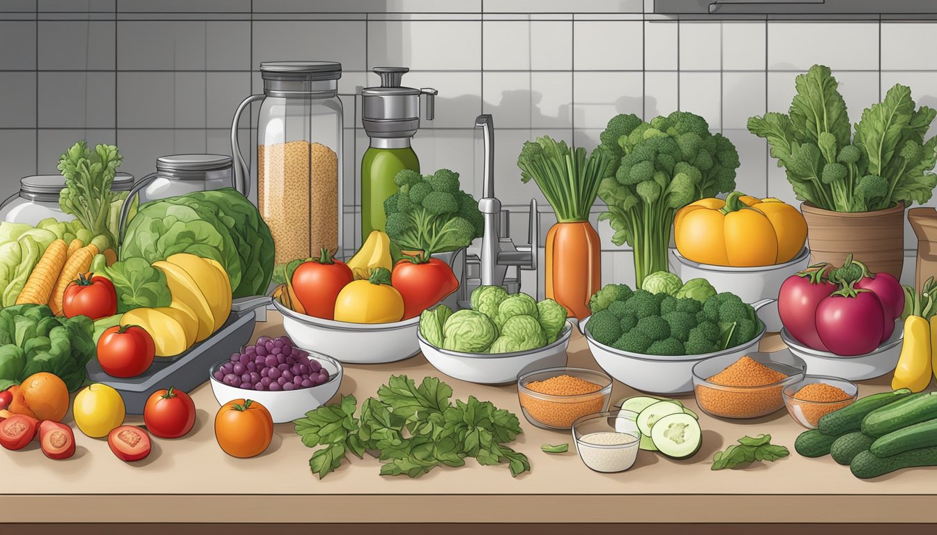 A kitchen counter with a variety of fresh vegetables, fruits, and lean proteins laid out for meal prep