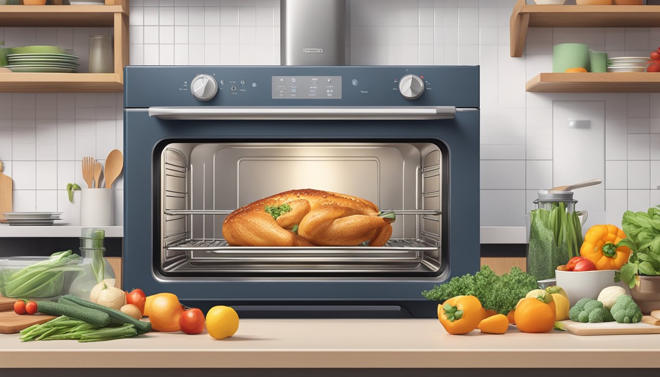 A convection oven surrounded by fresh ingredients, meal prep containers, and cooking utensils on a clean kitchen counter