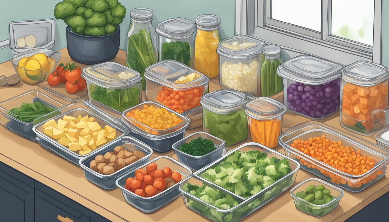 A kitchen counter with various low tyramine foods being prepped and organized into containers for meal prep